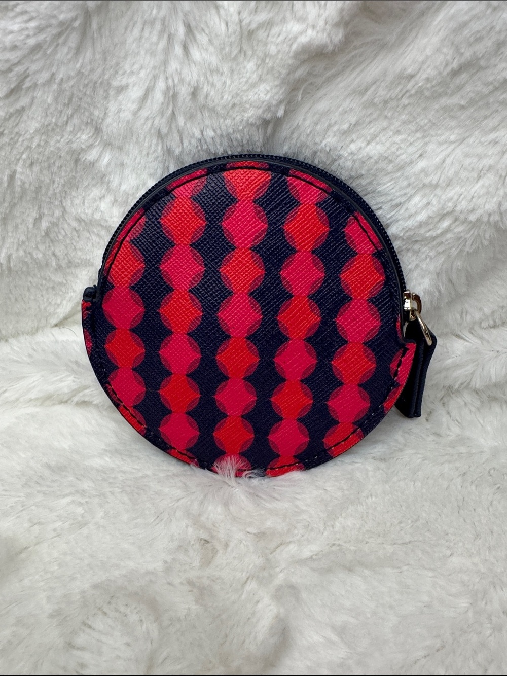Women's Round Cosmetic Coin Purse in Navy with Red Pattern